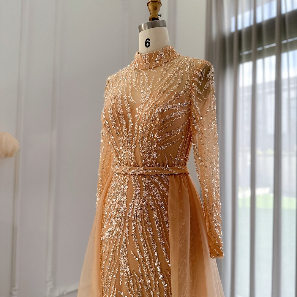 Dreamy Vow Elegant Gold Mermaid Arabic Evening Dress with Overskirt Long Sleeves Luxury Muslim Wedding Formal Party Gown 271