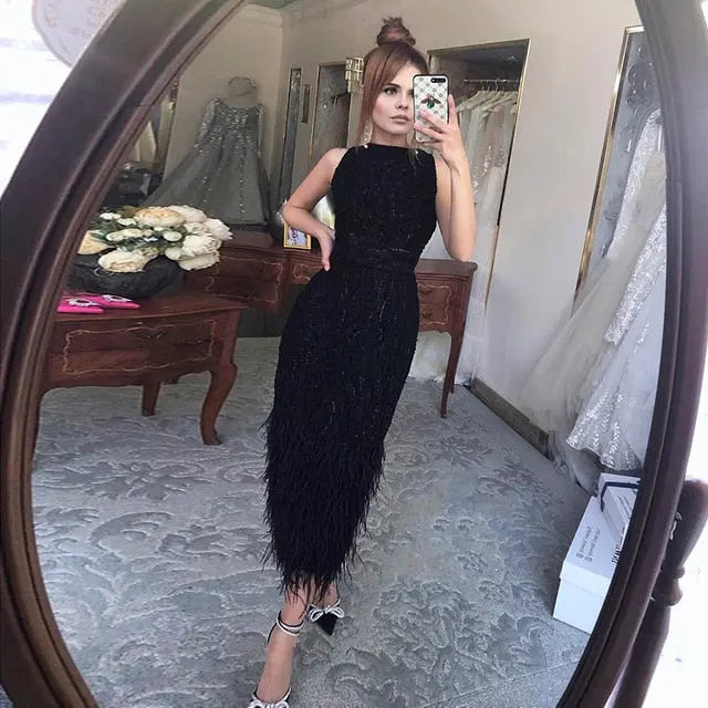 Elegant Light Blue Lace Feathers Beading Evening Dress SS499 - SHARONSAID Elegant Light Blue Lace Feathers Beading Evening Dress SS499 - SHARONSAID