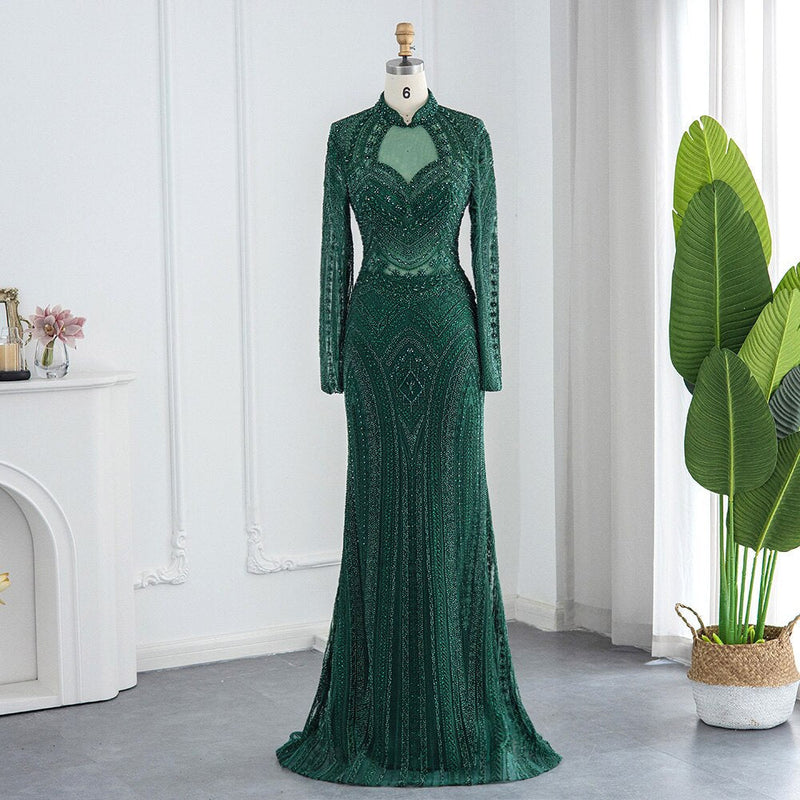 Dreamy Vow Elegant Mermaid Emerald Green Evening Dresses for Wedding Luxuy Muslim Gray Black Plus Size Women Formal Gowns 078