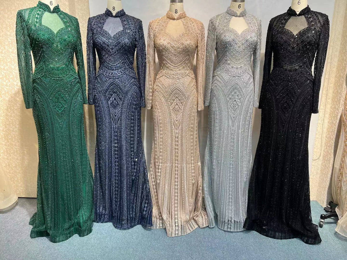 Dreamy Vow Elegant Mermaid Emerald Green Evening Dresses for Wedding Luxuy Muslim Gray Black Plus Size Women Formal Gowns 078