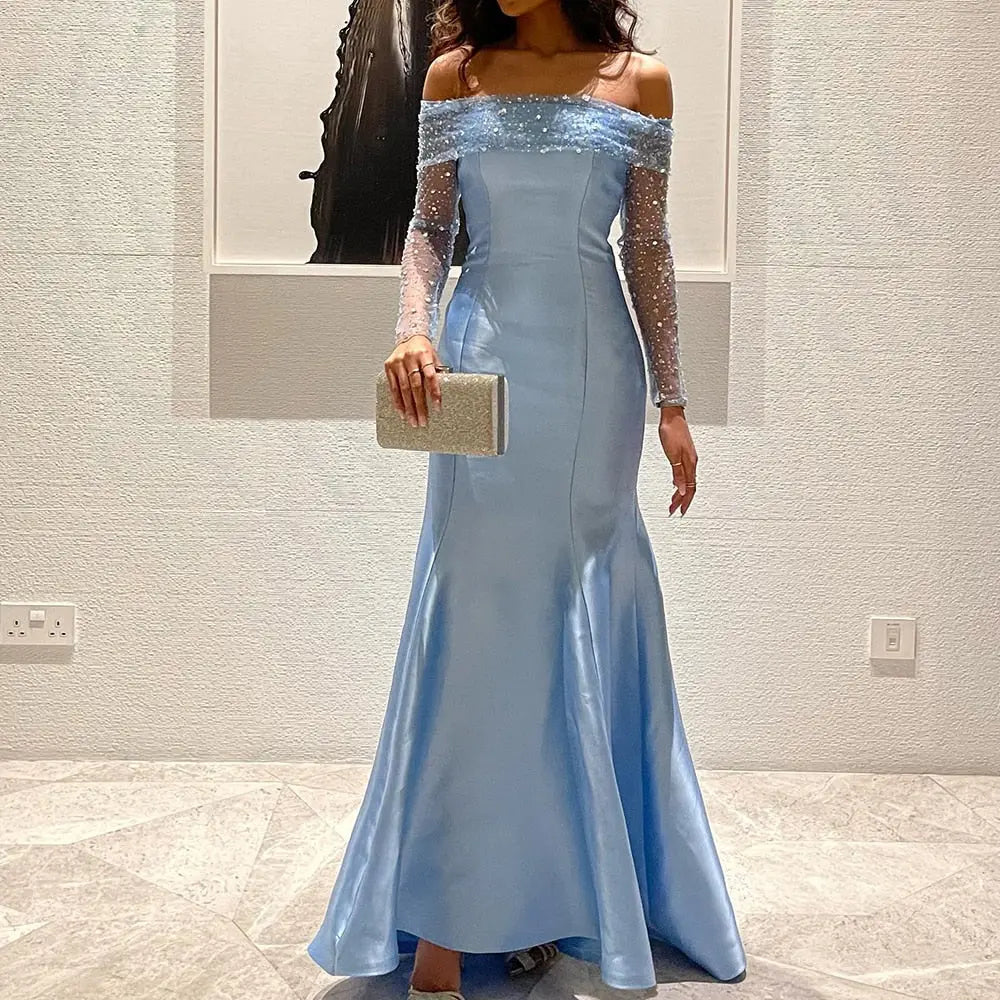 chinese dress ladies Elegant Off Shoulder Blue Long Sleeves Mermaid Evening Dress SF079
