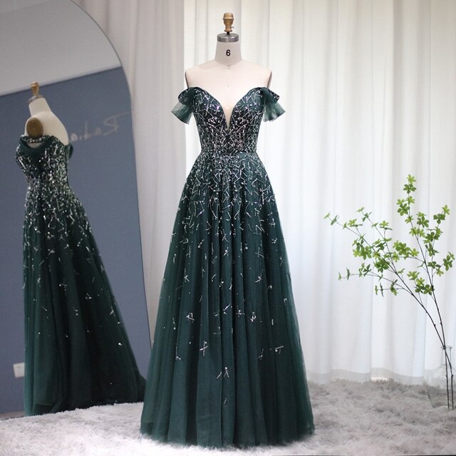 Dreamy Vow Elegant Off Shoulder Blue Long Evening Dresses Luxury Dubai Emerald Green Formal Dress for Women Wedding Party 342