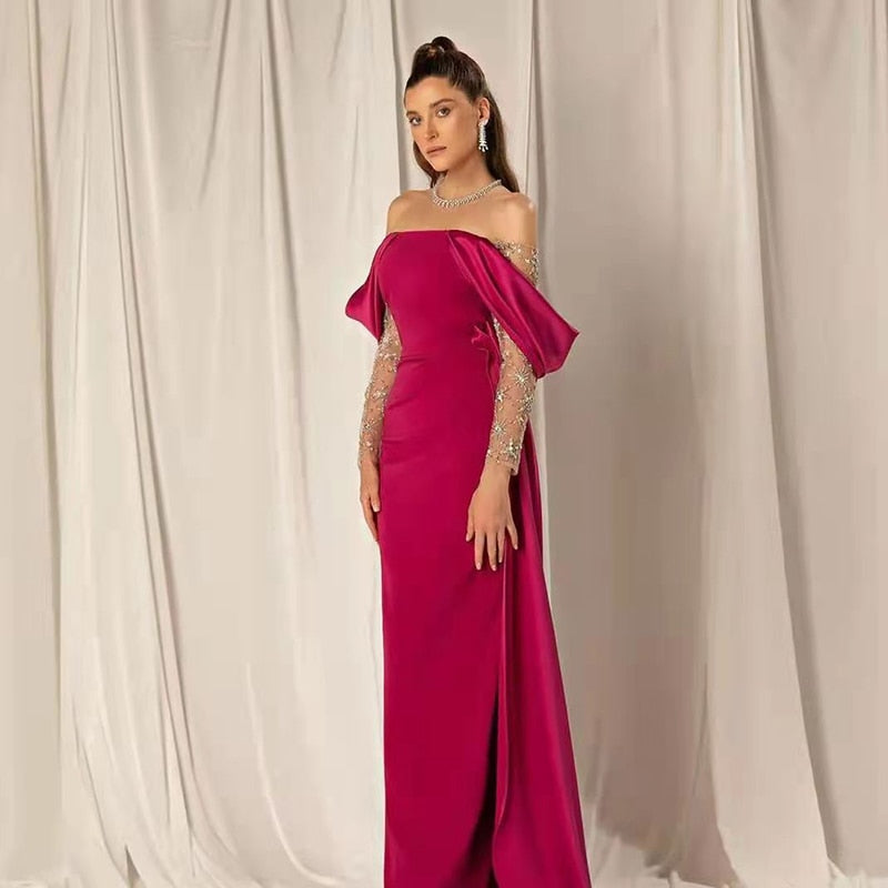 Dreamy Vow Elegant Off Shoulder Fuchsia Evening Party Dress for Women Wedding Arabic Beaded Long Sleeve Formal Prom Gowns 332