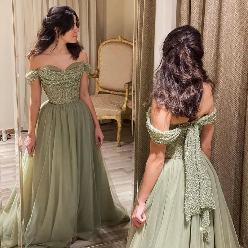 Elegant Off Shoulder Sage Green A-Line Evening Dress SS314 Elegant Off Shoulder Sage Green A-Line Evening Dress SS314