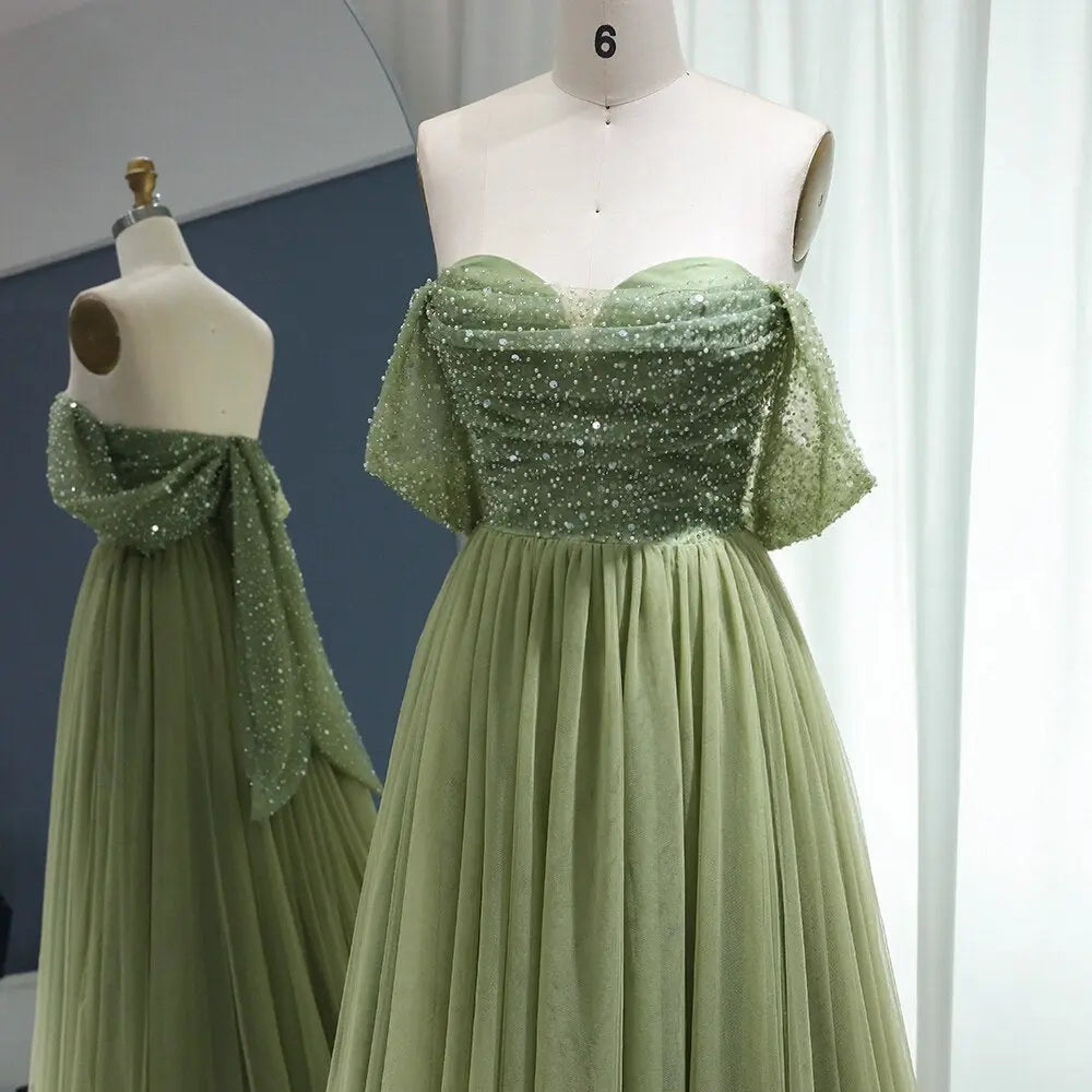 Elegant Off Shoulder Sage Green A-Line Evening Dress SS314 - SHARONSAID Elegant Off Shoulder Sage Green A-Line Evening Dress SS314 - SHARONSAID