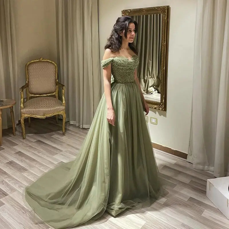 Elegant Off Shoulder Sage Green A-Line Evening Dress SS314 Elegant Off Shoulder Sage Green A-Line Evening Dress SS314
