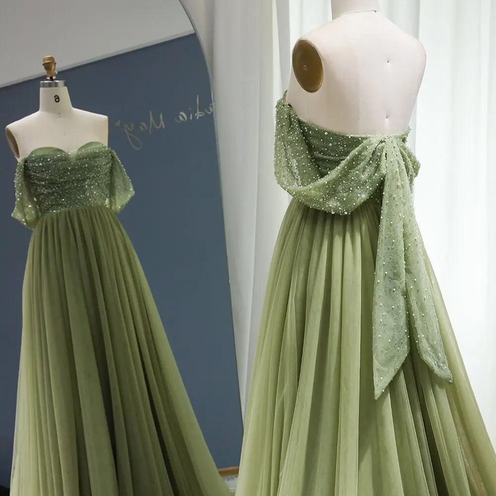 Elegant Off Shoulder Sage Green A-Line Evening Dress SS314 - SHARONSAID Elegant Off Shoulder Sage Green A-Line Evening Dress SS314 - SHARONSAID