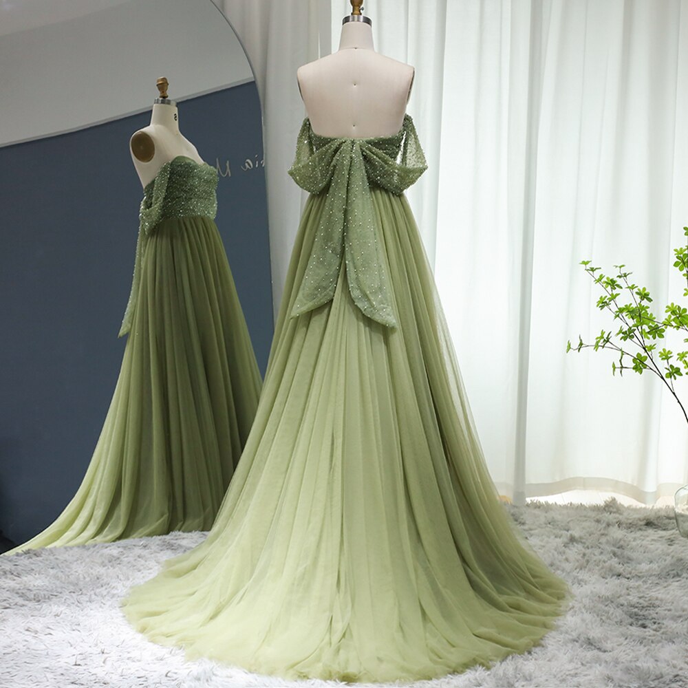 Dreamy Vow Elegant Off Shoulder Sage Evening Dresses for Women Wedding Guest Luxury Beaded Arabic Long Formal Party Gown 314