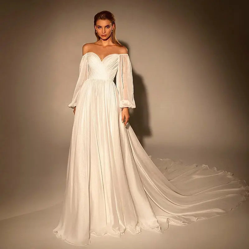 Elegant Off Shoulder White Chiffon Evening Dress SF360