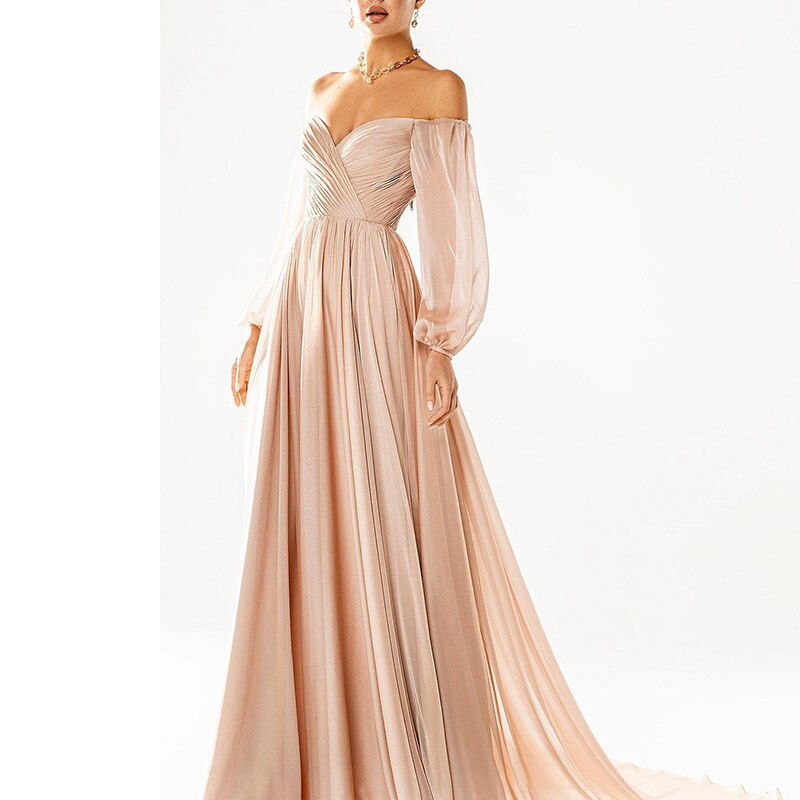Dreamy Vow Elegant Off Shoulder White Chiffon Evening Dress for Women Wedding Dubai Blush Pink Arabic Formal Party Gowns 251