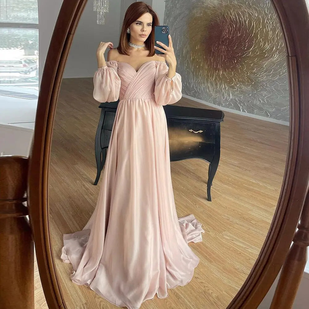 Elegant Off Shoulder White Chiffon Evening Dress SF360