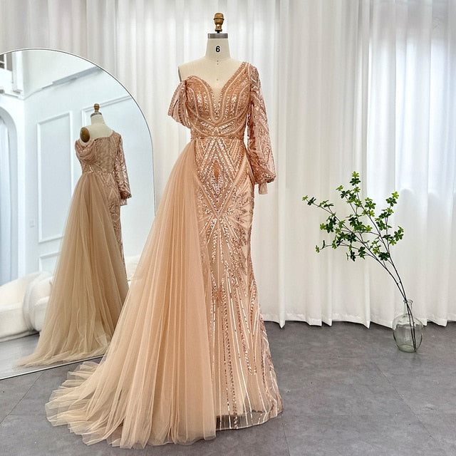 Dreamy Vow Elegant One Shoulder Mermaid Pink Evening Dress for Women Long 2023 Luxury Green Rose Gold Wedding Party Gowns 150
