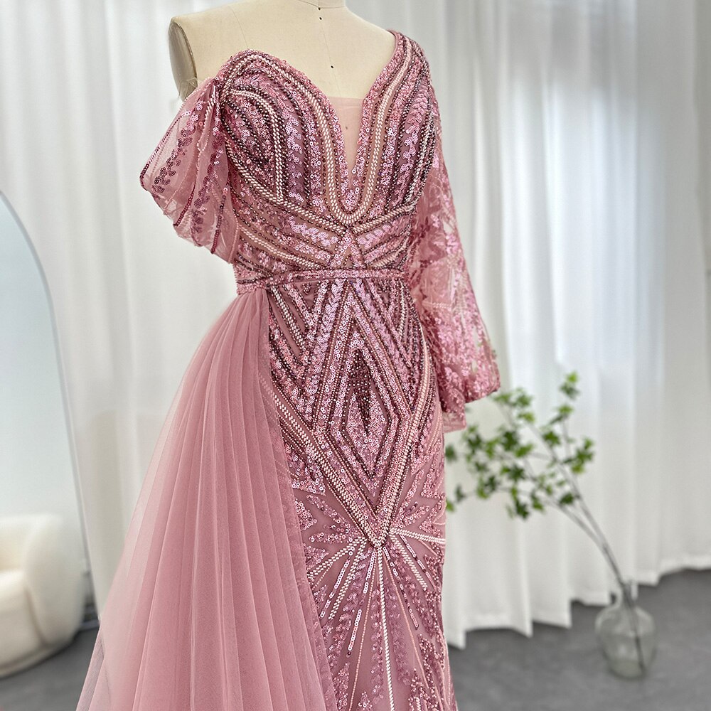 Dreamy Vow Elegant One Shoulder Mermaid Pink Evening Dress for Women Long 2023 Luxury Green Rose Gold Wedding Party Gowns 150