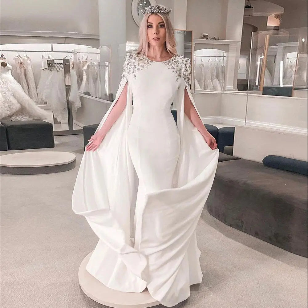 Elegant White Mermaid Evening Dress with Cape Sleeves SF280