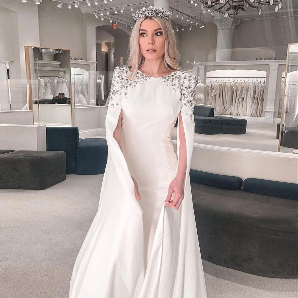 DreamyVow Elegant White Mermaid Dubai Evening Dress for Women Wedding Party Cape Sleeves Muslim Long Formal Dresses 200