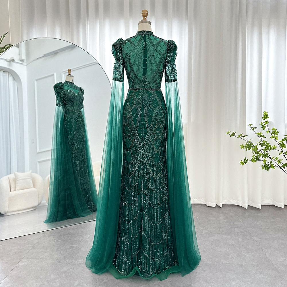 Luxury Emerald Green Evening Dresses with Cape Sleeves SS154 SHARONSAID