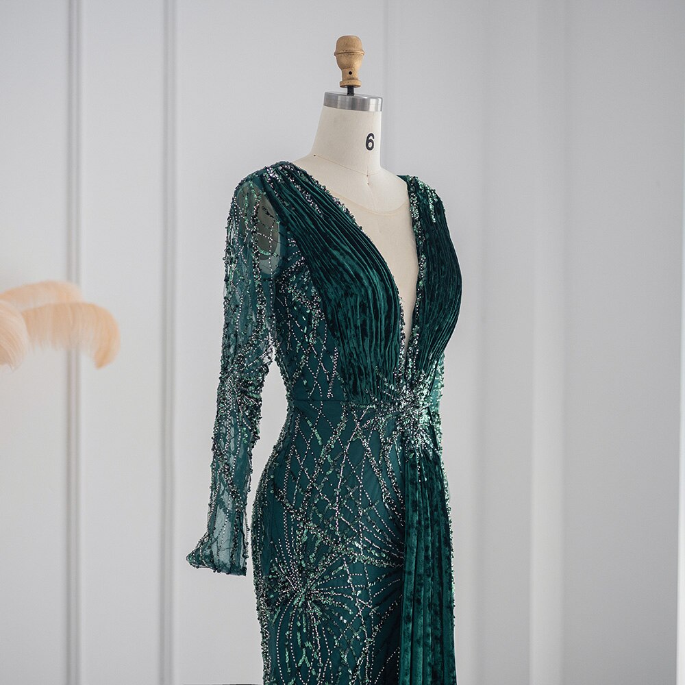 DreamyVow Emerald Green Velvet Mermaid Evening Dresses Long Sleeves Luxury Dubai Arabic Women Wedding Guest Party Dress 500