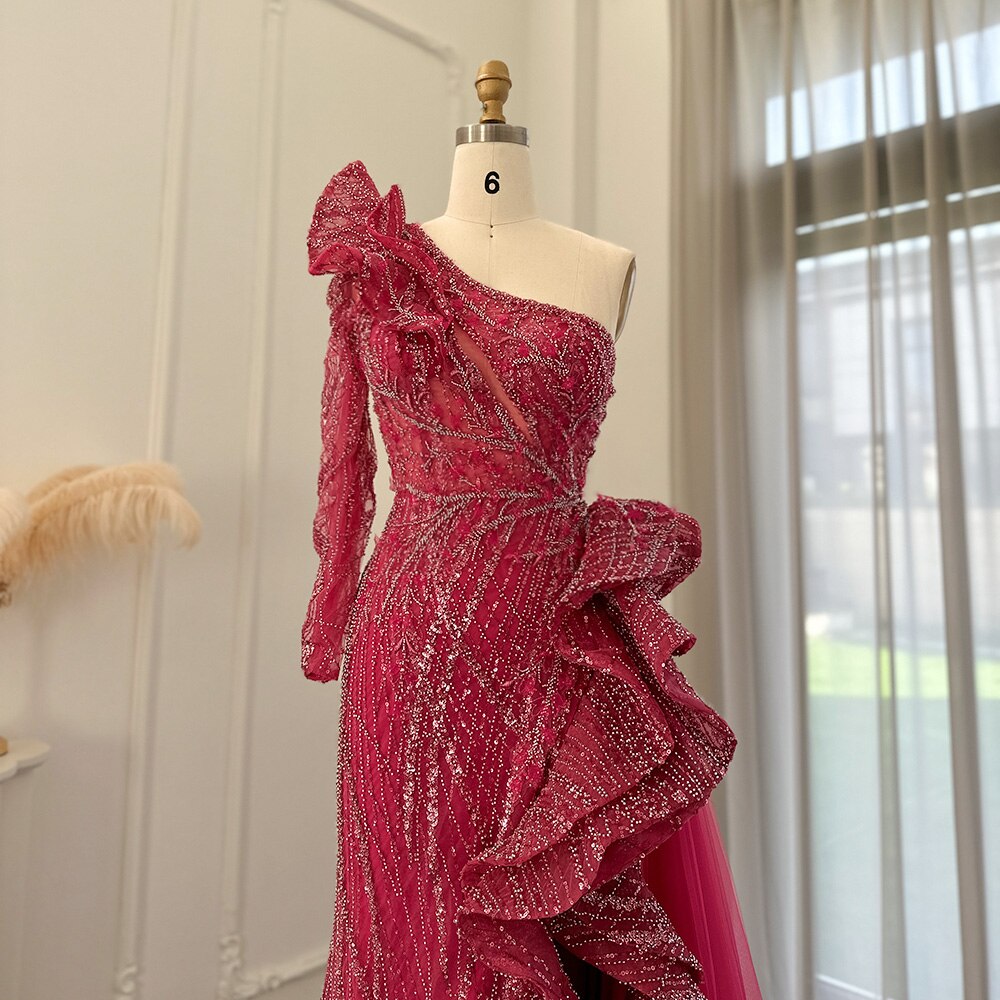 Dreamy Vow Fuchsia One Shoulder Luxury Dubai Evening Dresses 2023 Arabic Side Slit Mermaid Prom Formal Dress for Wedding 360