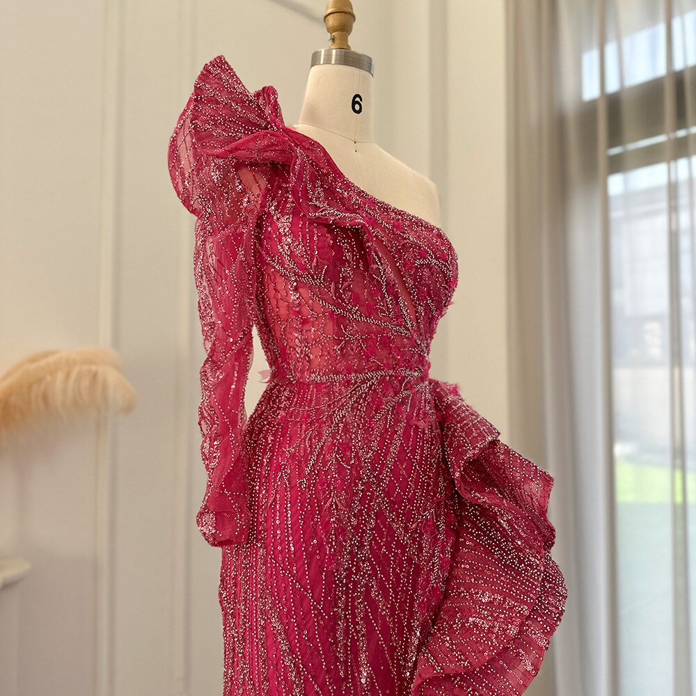 Dreamy Vow Fuchsia One Shoulder Luxury Dubai Evening Dresses 2023 Arabic Side Slit Mermaid Prom Formal Dress for Wedding 360