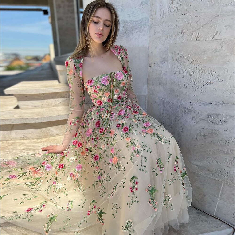 Dreamy Vow Garden Embroidery Short Evening Dress with Jacket Ankle Length Midi Formal Party Gowns for Women Wedding Guest 232