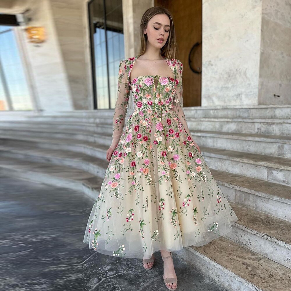 Dreamy Vow Garden Embroidery Short Evening Dress with Jacket Ankle Length Midi Formal Party Gowns for Women Wedding Guest 232