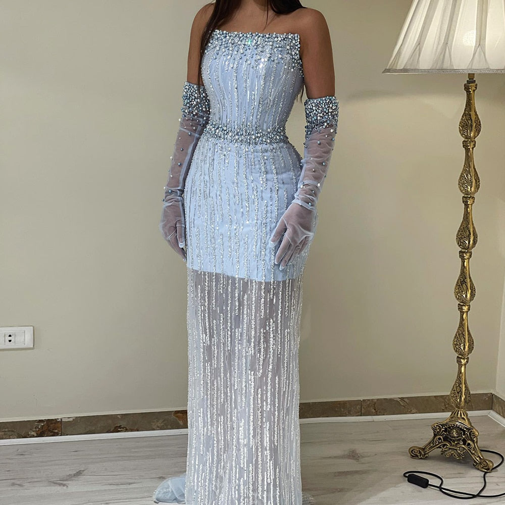 DreamyVow Light Blue Pearls Luxury Dubai Evening Dresses 2023 Elegant Strapless Arabic Women Wedding Party Formal Gowns 395