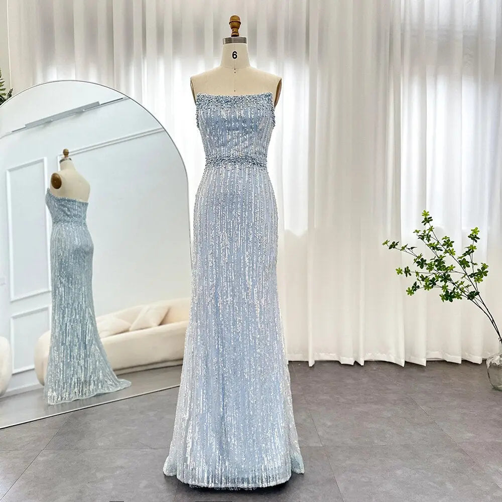 Luxury Pearls Blue Strapless Evening Dress with Gloves SS395 - SHARONSAID Luxury Pearls Blue Strapless Evening Dress with Gloves SS395 - SHARONSAID