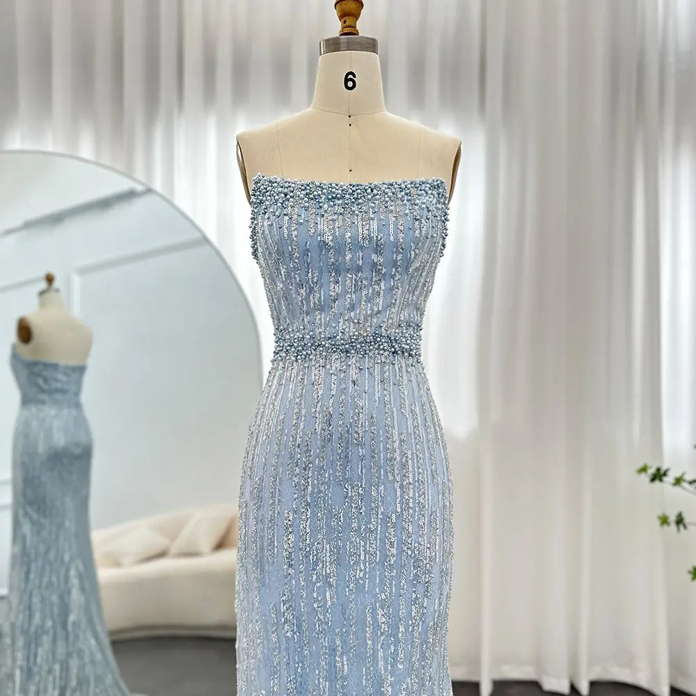 Final Sale Luxury Pearls Blue Strapless Evening Dress with Gloves SS395 Final Sale Luxury Pearls Blue Strapless Evening Dress with Gloves SS395