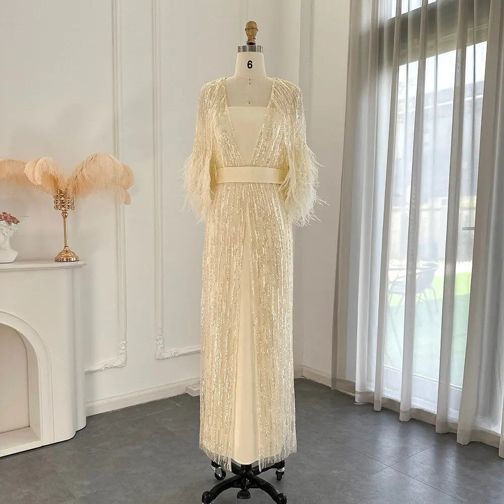 Luxury Feathers Yellow 2 Pieces Evening Dress SS430 - SHARONSAID Luxury Feathers Yellow 2 Pieces Evening Dress SS430 - SHARONSAID
