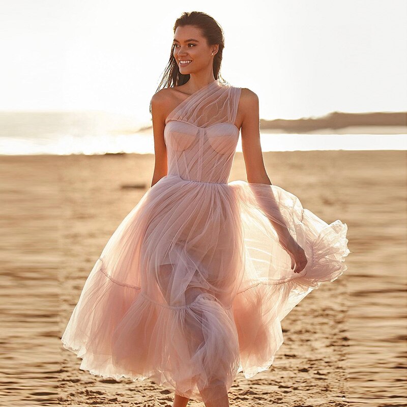 Dreamy Vow Lilac Tulle One Shoulder Short Evening Dress Ruffled Tea Length Pink Cocktail Party Gowns Women Prom Formal Dresses