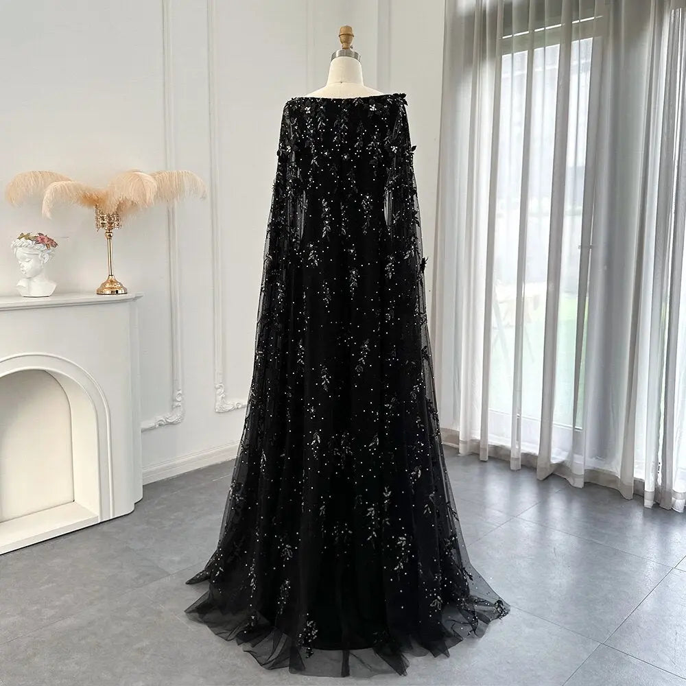 Luxury 3D Flowers Black Evening Dress with Cape Sleeves SS479 - SHARONSAID Luxury 3D Flowers Black Evening Dress with Cape Sleeves SS479 - SHARONSAID
