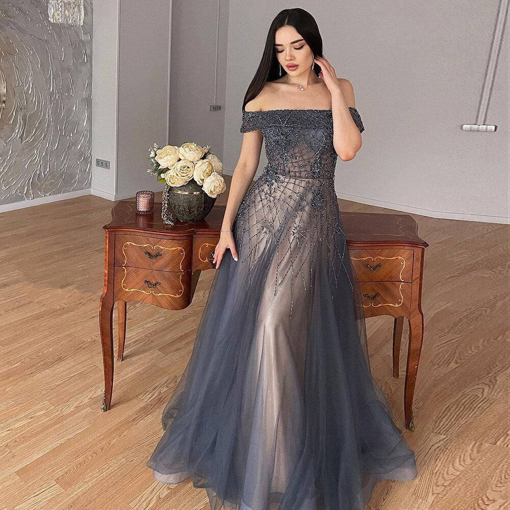 Dreamy Vow Luxury Arabic Off Shoulder Navy Blue Evening Dress Long Elegant Engagement Dresses for Women Wedding Party 294