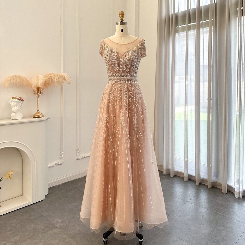 Dreamy Vow Luxury Beaded Pale Pink Long Evening Dresses for Women Wedding Elegant Gold Arabic Plus Size Formal Party Gown 059