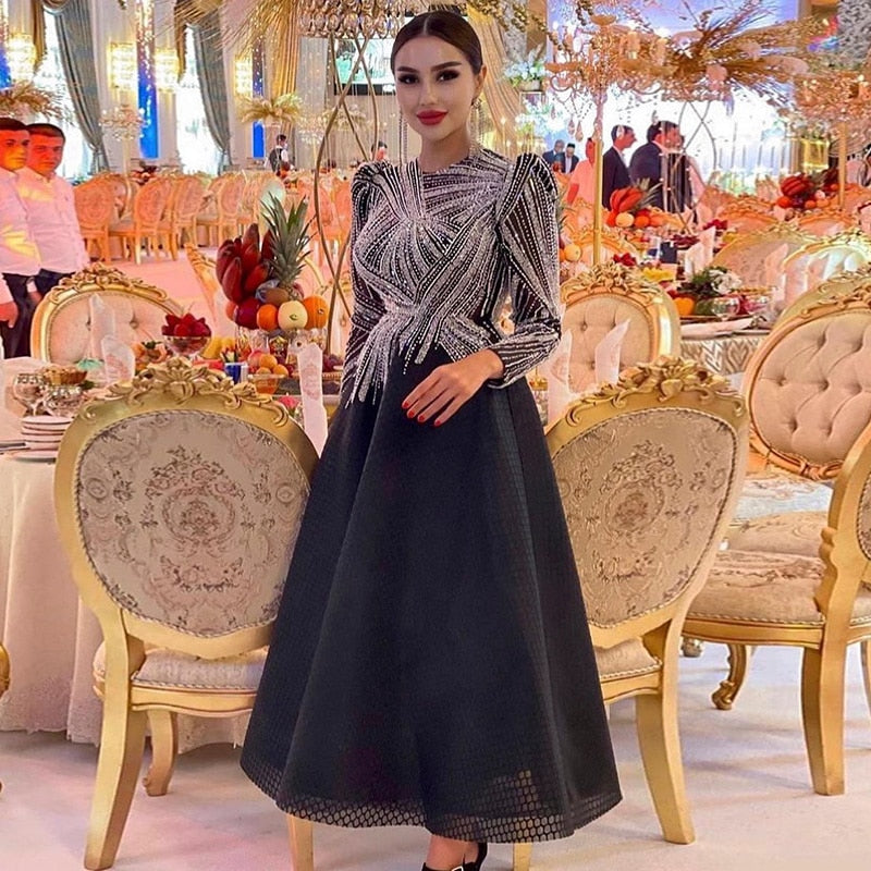 Dreamy Vow Luxury Black Short Muslim Evening Dress Long Sleeve 2023 Elegant A-Line Arabic Women Party Prom Formal Dresses 212