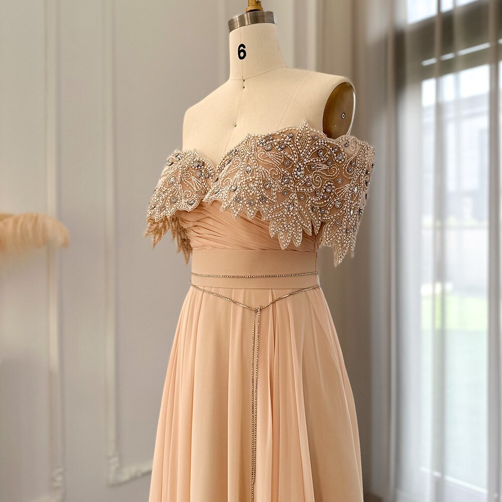 Dreamy Vow Luxury Crystal Champagne Dubai Evening Dress for Women Wedding Guest Party Elegant Long Arabic Formal Dresses 302