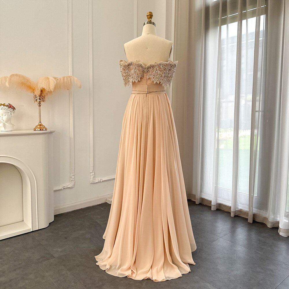 Dreamy Vow Luxury Crystal Champagne Dubai Evening Dress for Women Wedding Guest Party Elegant Long Arabic Formal Dresses 302