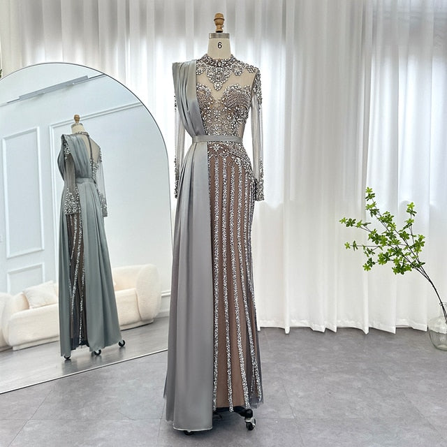 Luxury Crystal Muslim Evening Dress with Overskirt SS013 SHARONSAID