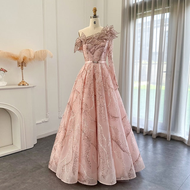 Dreamy Vow Luxury Dubai Ball Gown Gold Evening Dresses for Women Wedding 2023 Elegant One Shoulder Prom Formal Party Gown 359