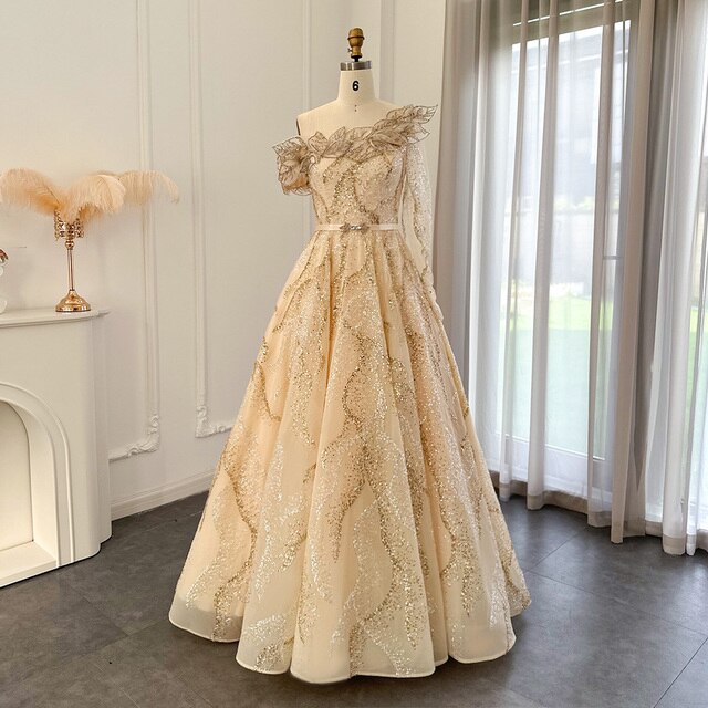 Dreamy Vow Luxury Dubai Ball Gown Gold Evening Dresses for Women Wedding 2023 Elegant One Shoulder Prom Formal Party Gown 359