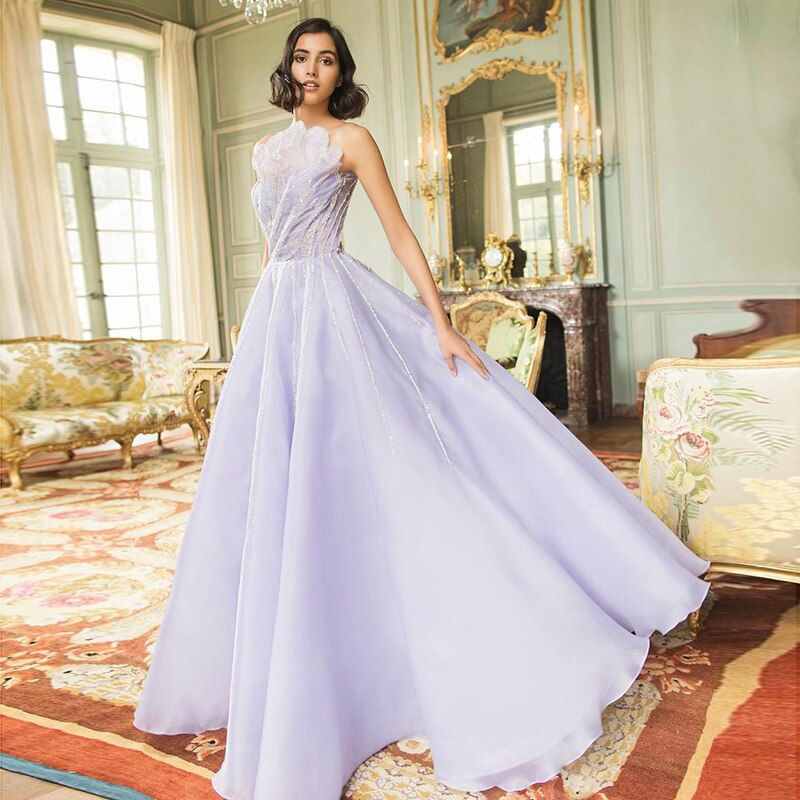 Dreamy Vow Luxury Dubai Beaded Lilac Evening Dress Elegant Scalloped Arabic Women Formal Prom Dresses for Wedding Party 247