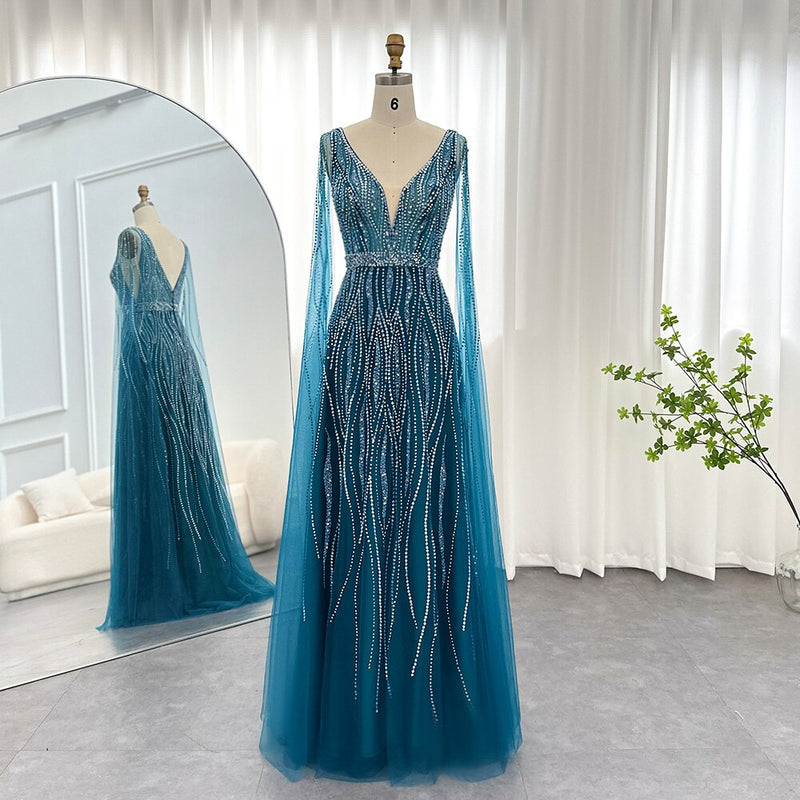 Dreamy Vow Luxury Dubai Black Arabic Evening Dress with Cape Sleeves Elegant Blue Red Women Wedding Formal Party Gowns 198