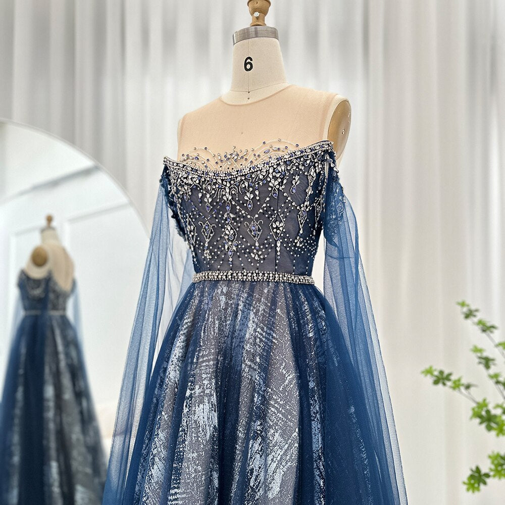 Dreamy Vow Luxury Dubai Blue Evening Dress with Cape Sleeves Elegant Arabic Women Prom Formal Dresses for Wedding Party 300