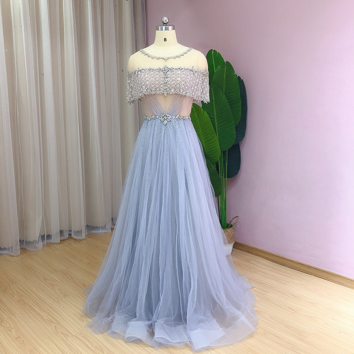 Dreamy Vow Luxury Dubai Blue Evening Dresses Elegant Cap Sleeve Crystal Formal Prom Dress for Women Wedding Guest Party 042