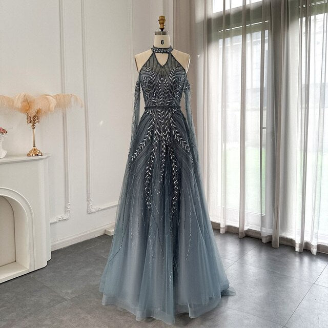 Dreamy Vow Luxury Dubai Blue Evening Dresses with Cape Sleeves Elegant Silver Gray Gold Women Wedding Party Gown In Stock 085