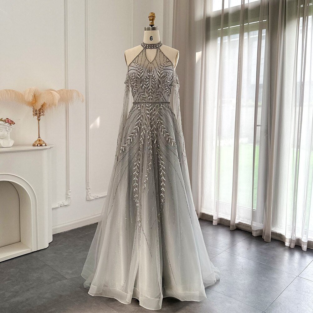 Dreamy Vow Luxury Dubai Blue Evening Dresses with Cape Sleeves Elegant Silver Gray Gold Women Wedding Party Gown In Stock 085