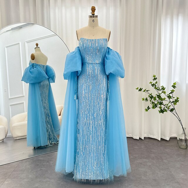 Dreamy Vow Luxury Dubai Blue Mermaid Evening Dresses Puff Sleeve Strapless Arabic Formal Gowns for Women Wedding Party 366