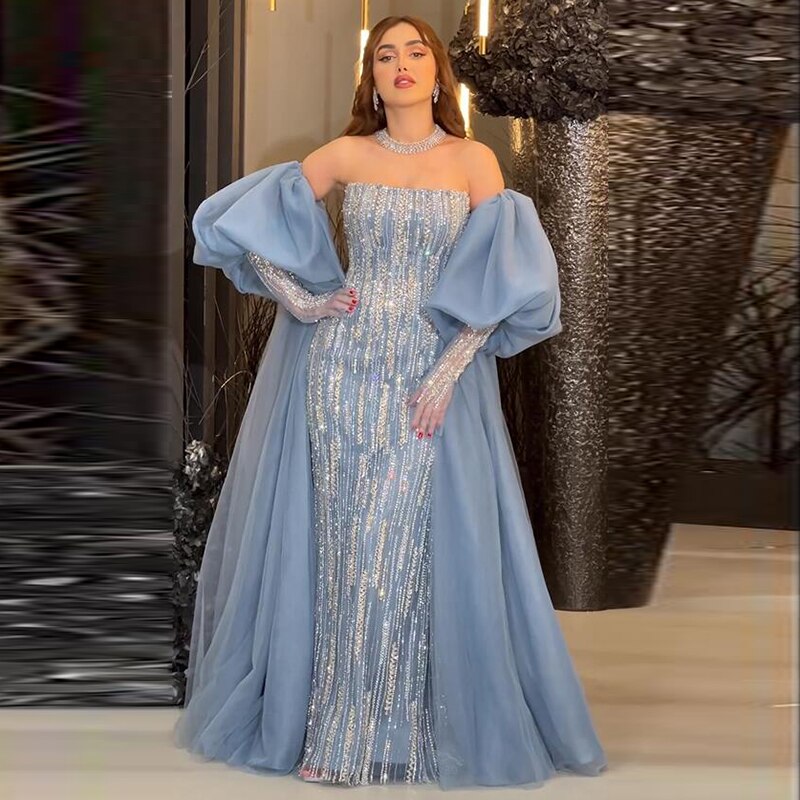 Dreamy Vow Luxury Dubai Blue Mermaid Evening Dresses Puff Sleeve Strapless Arabic Formal Gowns for Women Wedding Party 366
