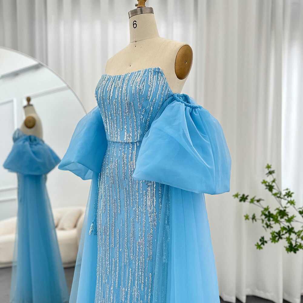 Dreamy Vow Luxury Dubai Blue Mermaid Evening Dresses Puff Sleeve Strapless Arabic Formal Gowns for Women Wedding Party 366