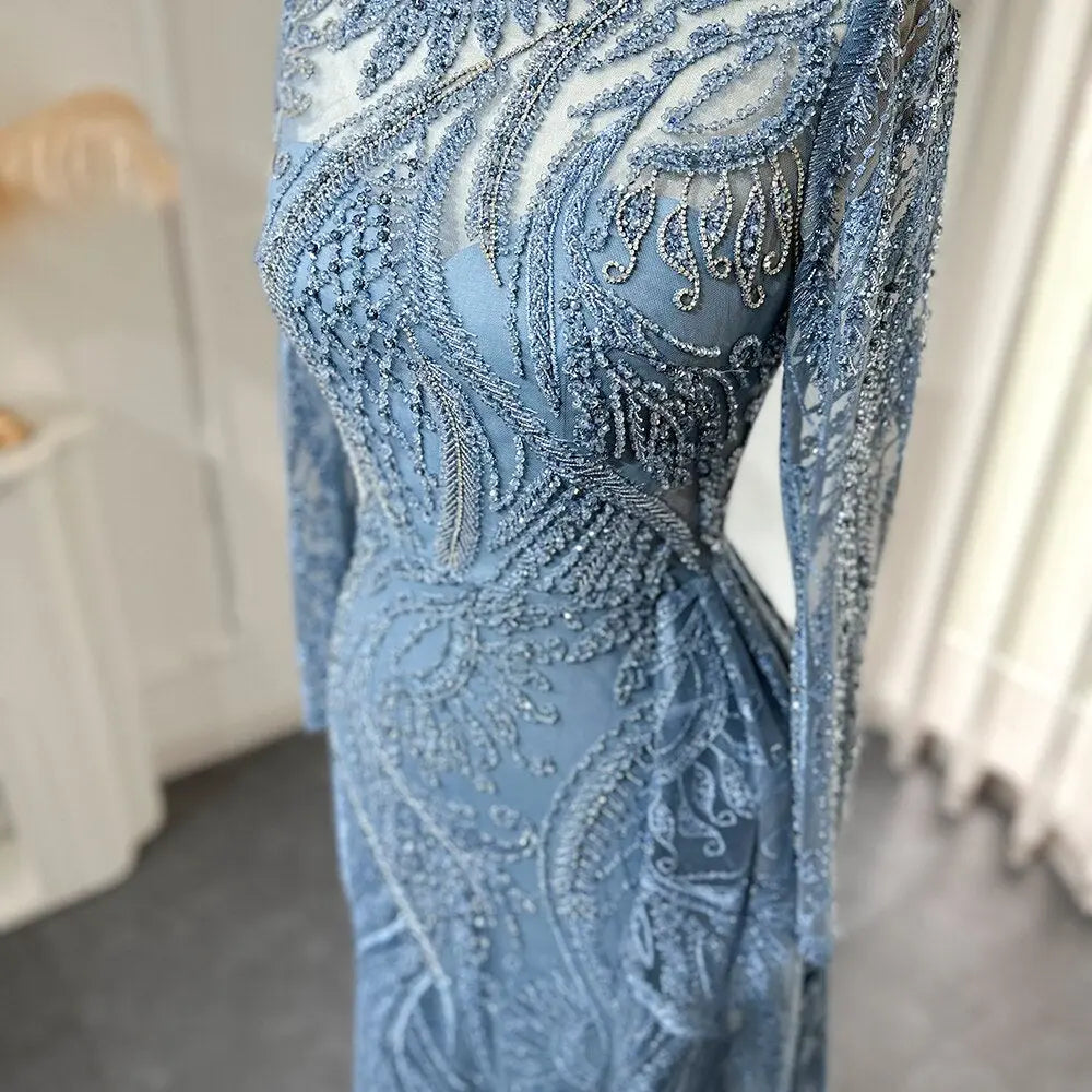 Luxury Blue Long Sleeves Evening Dress with Overskirt SS141 - SHARONSAID Luxury Blue Long Sleeves Evening Dress with Overskirt SS141 - SHARONSAID