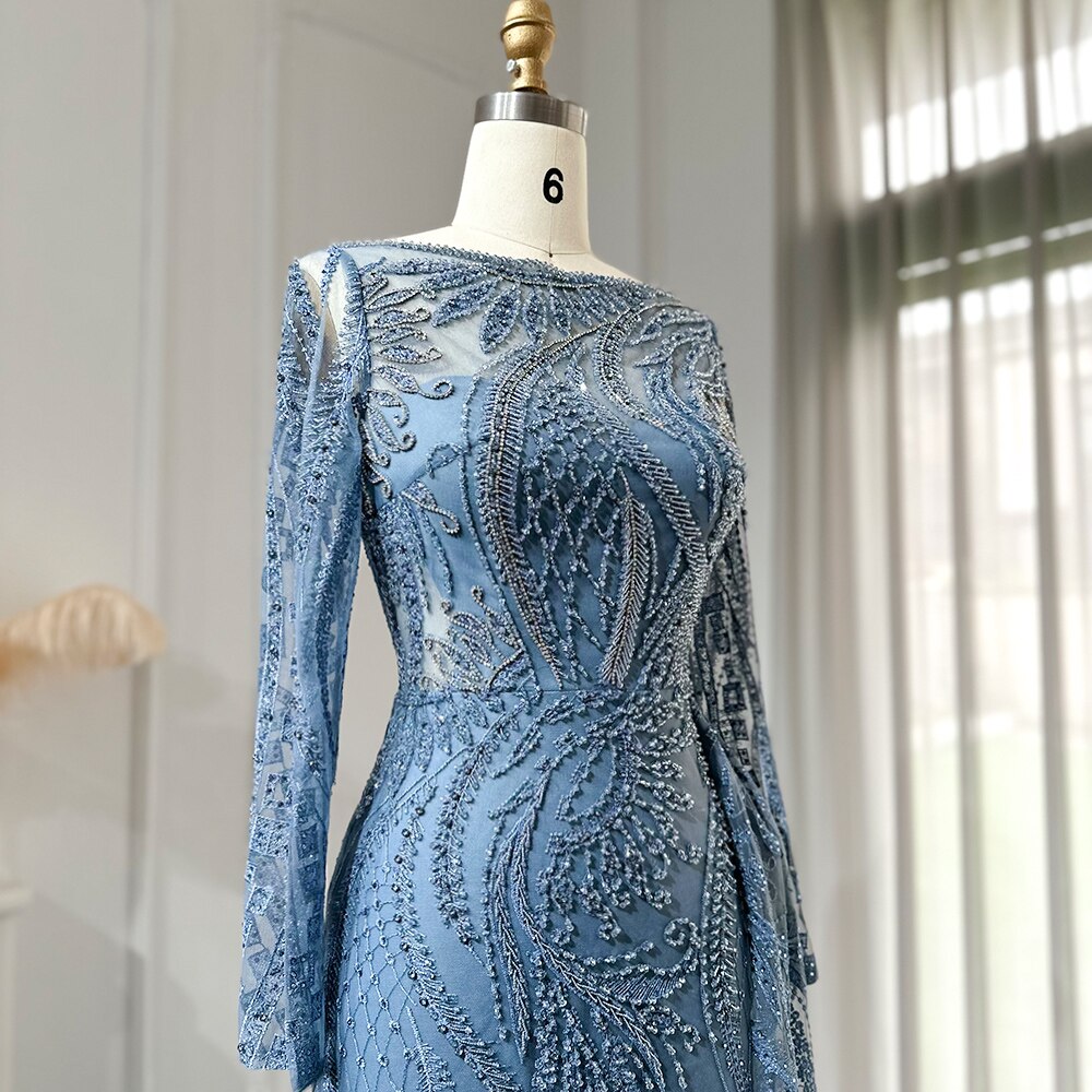 Dreamy Vow Luxury Dubai Blue Mermaid Muslim Evening Dress Overskirt Long Sleeve Plus Size Women Wedding Guest Party Gowns 141